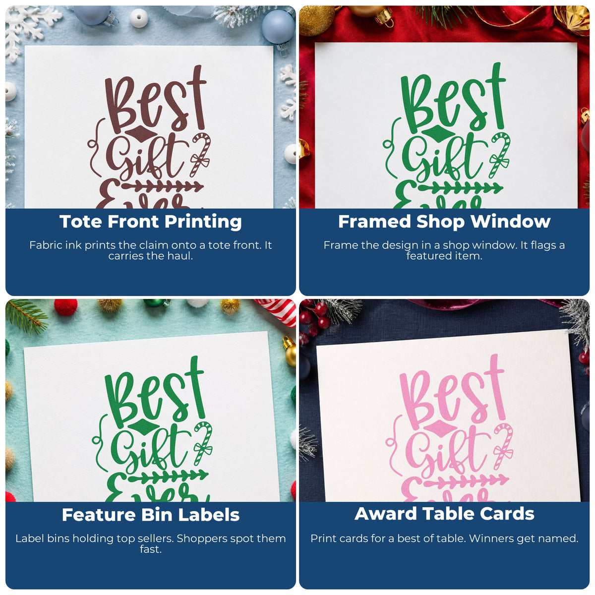 Four ways to use the Best Gift Ever Candy Cane Stamp – Self-Inking: tote front printing, framed shop window, feature bin labels and award table cards.