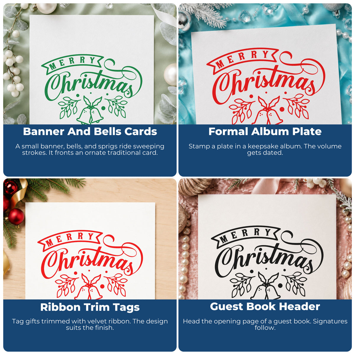 Four ways to use the Merry Christmas Bells And Leaves Botanical Sprig Pre-Inked Stamp – PSI: banner and bells cards, formal album plate, ribbon trim tags and guest book header.