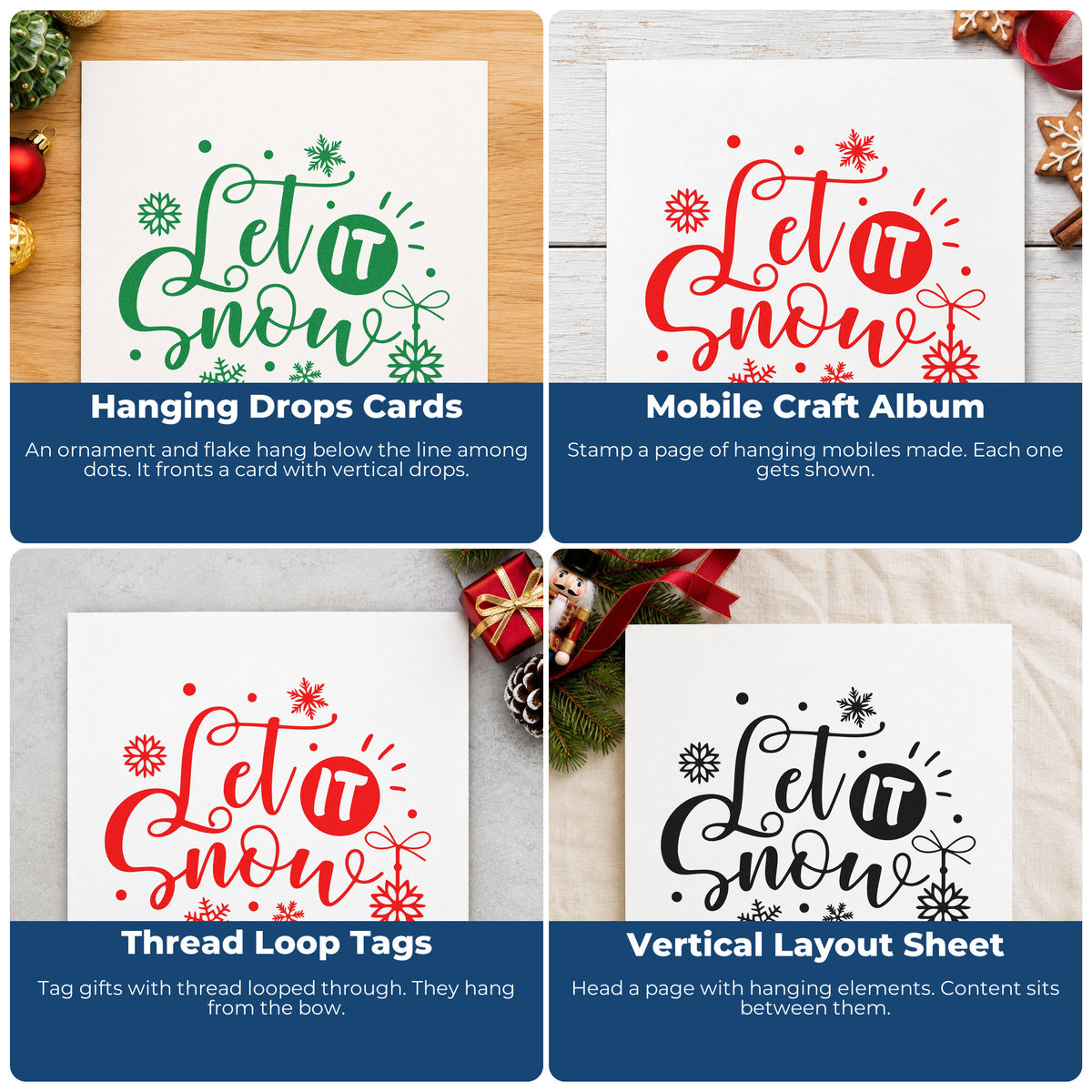 Four ways to use the Let It Snow Ornaments PSI Pre-Inked Stamp: hanging drops cards, mobile craft album, thread loop tags and vertical layout sheet.