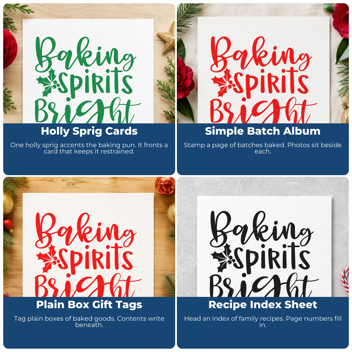 Four ways to use the Wood Handle Baking Spirits Bright Holly Rubber Stamp: holly sprig cards, simple batch album, plain box gift tags and recipe index sheet.