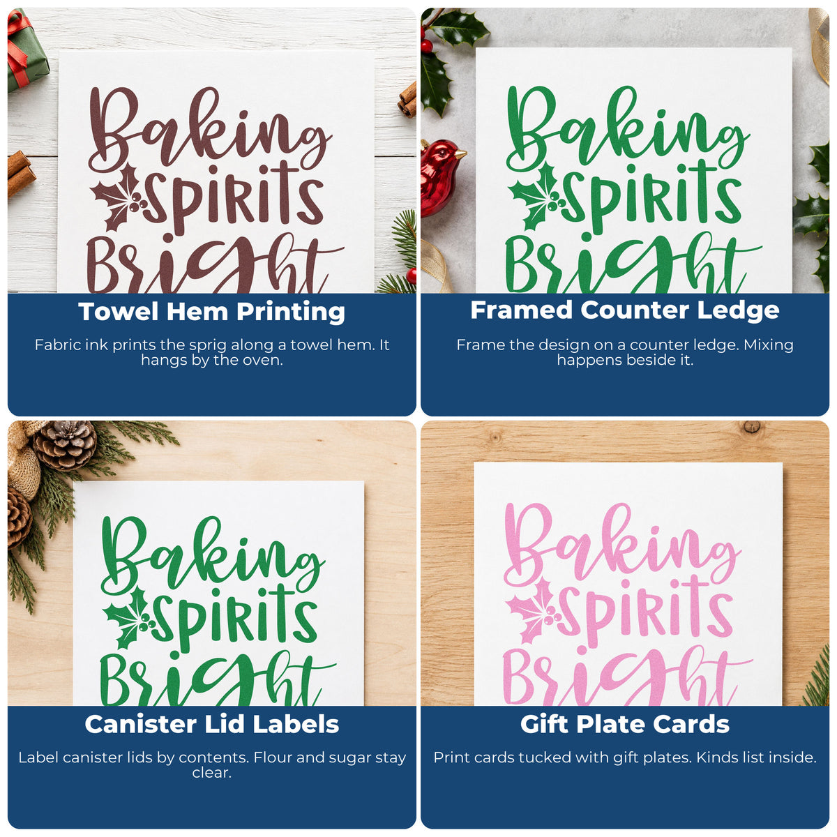Four ways to use the Wood Handle Baking Spirits Bright Holly Rubber Stamp: towel hem printing, framed counter ledge, canister lid labels and gift plate cards.