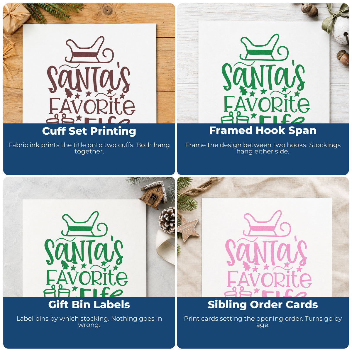 Four ways to use the Santa's Favorite Elf Stockings Sleigh Slim Pre-Inked Stamp: cuff set printing, framed hook span, gift bin labels and sibling order cards.