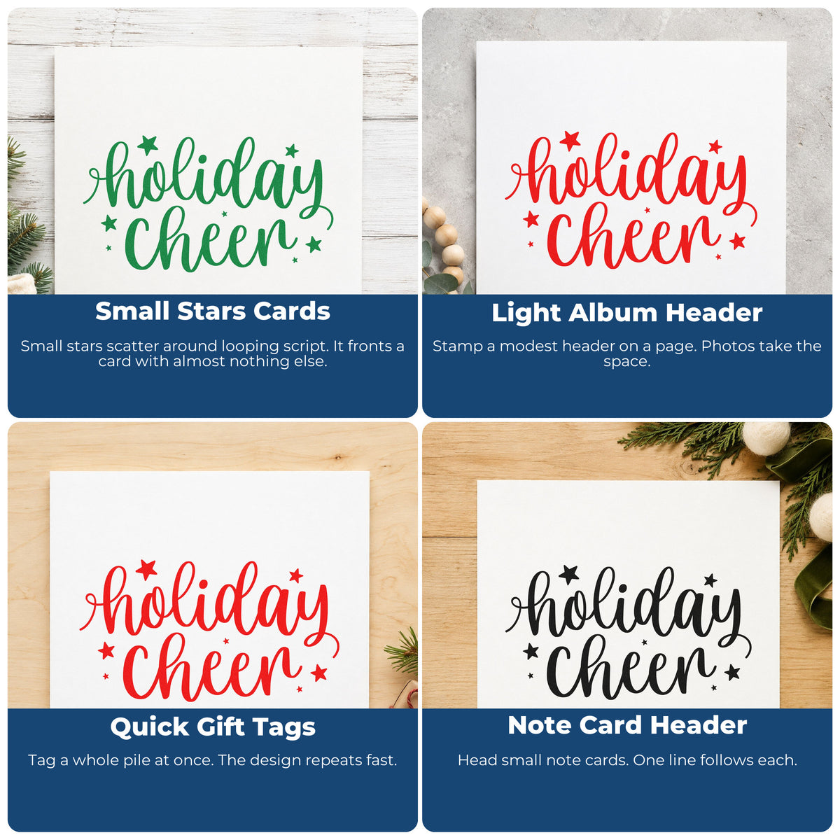 Four ways to use the Holiday Cheer Star Lettering Stamp – Self-Inking: small stars cards, light album header, quick gift tags and note card header.