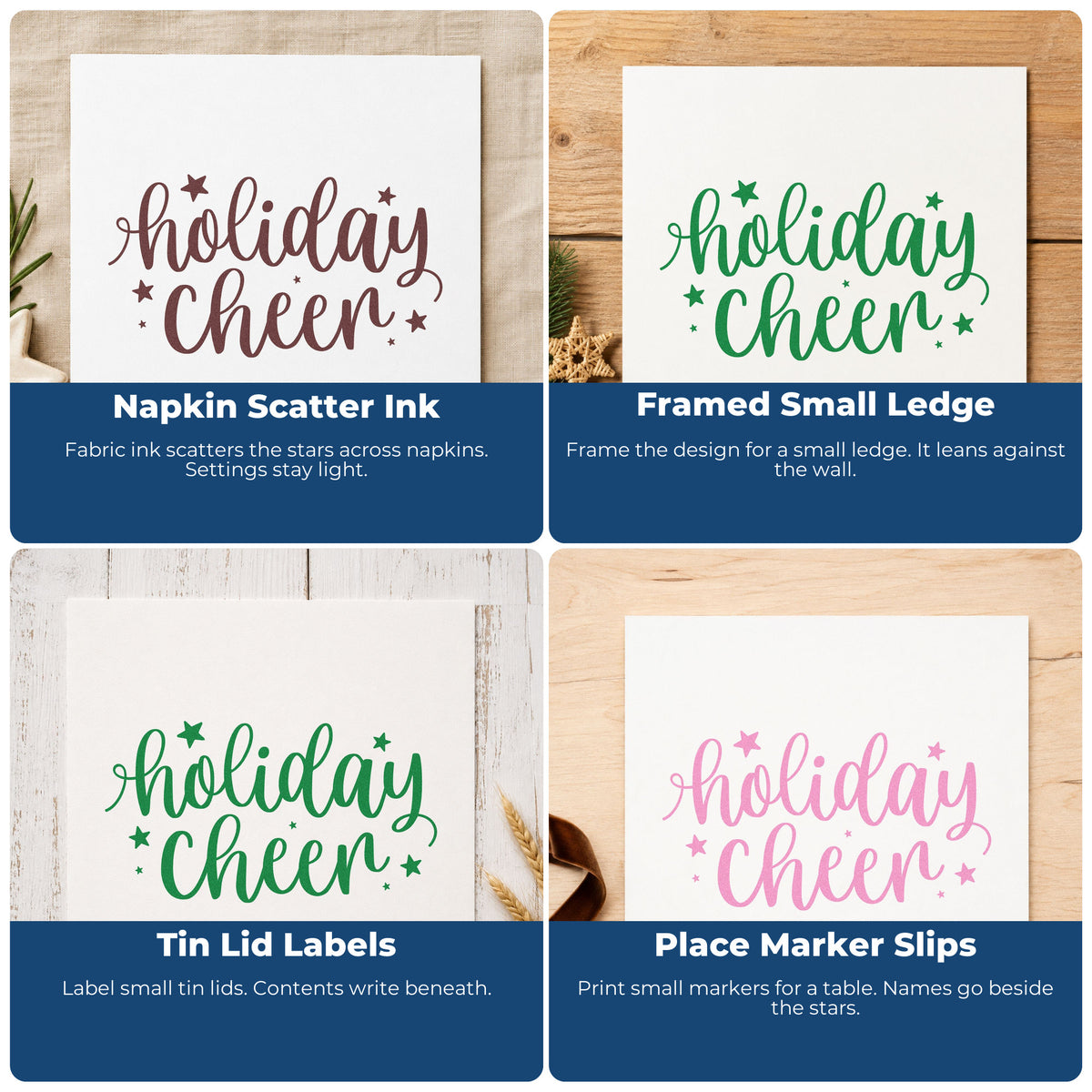 Four ways to use the Holiday Cheer Star Lettering Hand Stamp – Duo: napkin scatter ink, framed small ledge, tin lid labels and place marker slips.