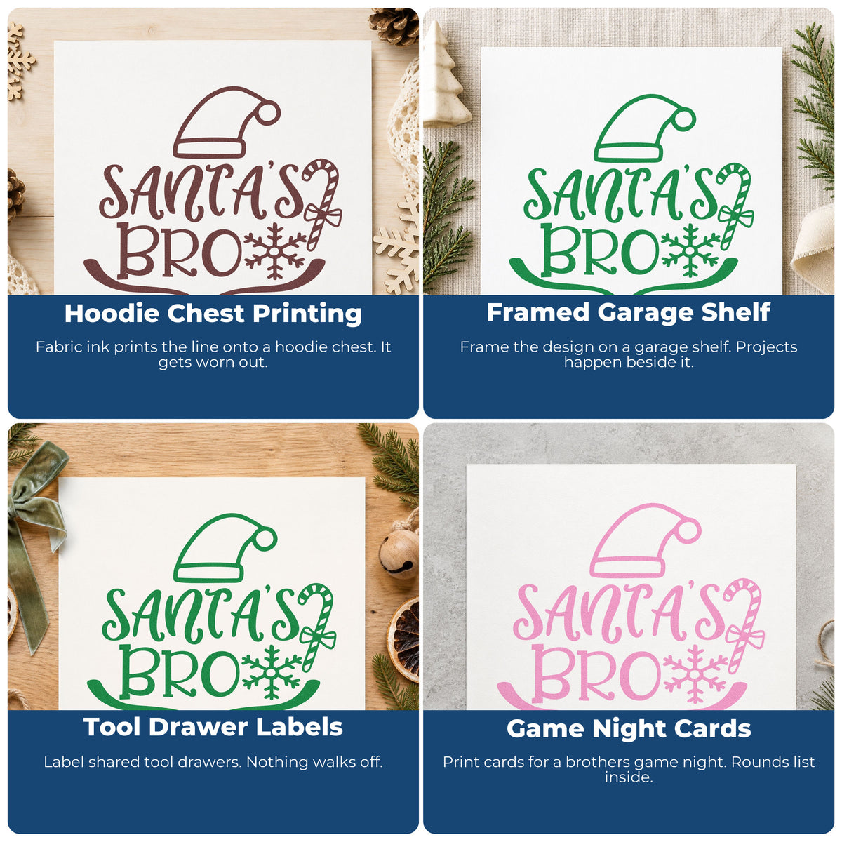 Four ways to use the Santa's Bro Hat Candy Cane Snowflakes Slim Pre-Inked Stamp: hoodie chest printing, framed garage shelf, tool drawer labels and game night cards.