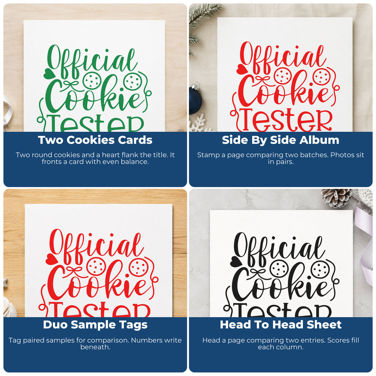 Four ways to use the Premium Wooden Official Cookie Tester Script Lettering Stamp - Vintage Pro: two cookies cards, side by side album, duo sample tags and head to head sheet.