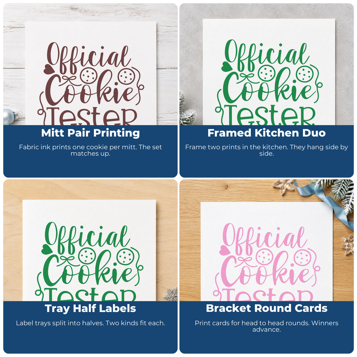 Four ways to use the Official Cookie Tester Script Lettering Self-Inking Stamp: mitt pair printing, framed kitchen duo, tray half labels and bracket round cards.