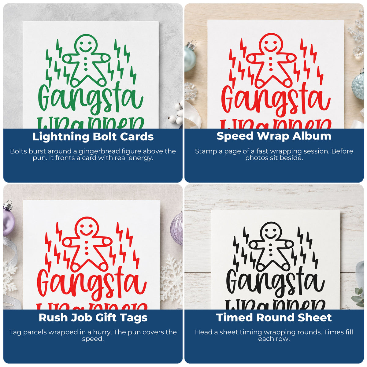 Four ways to use the Gangsta Wrapper Gingerbread Lightning Premium Wood-Mounted Stamp - Vintage Pro: lightning bolt cards, speed wrap album, rush job gift tags and timed round sheet.