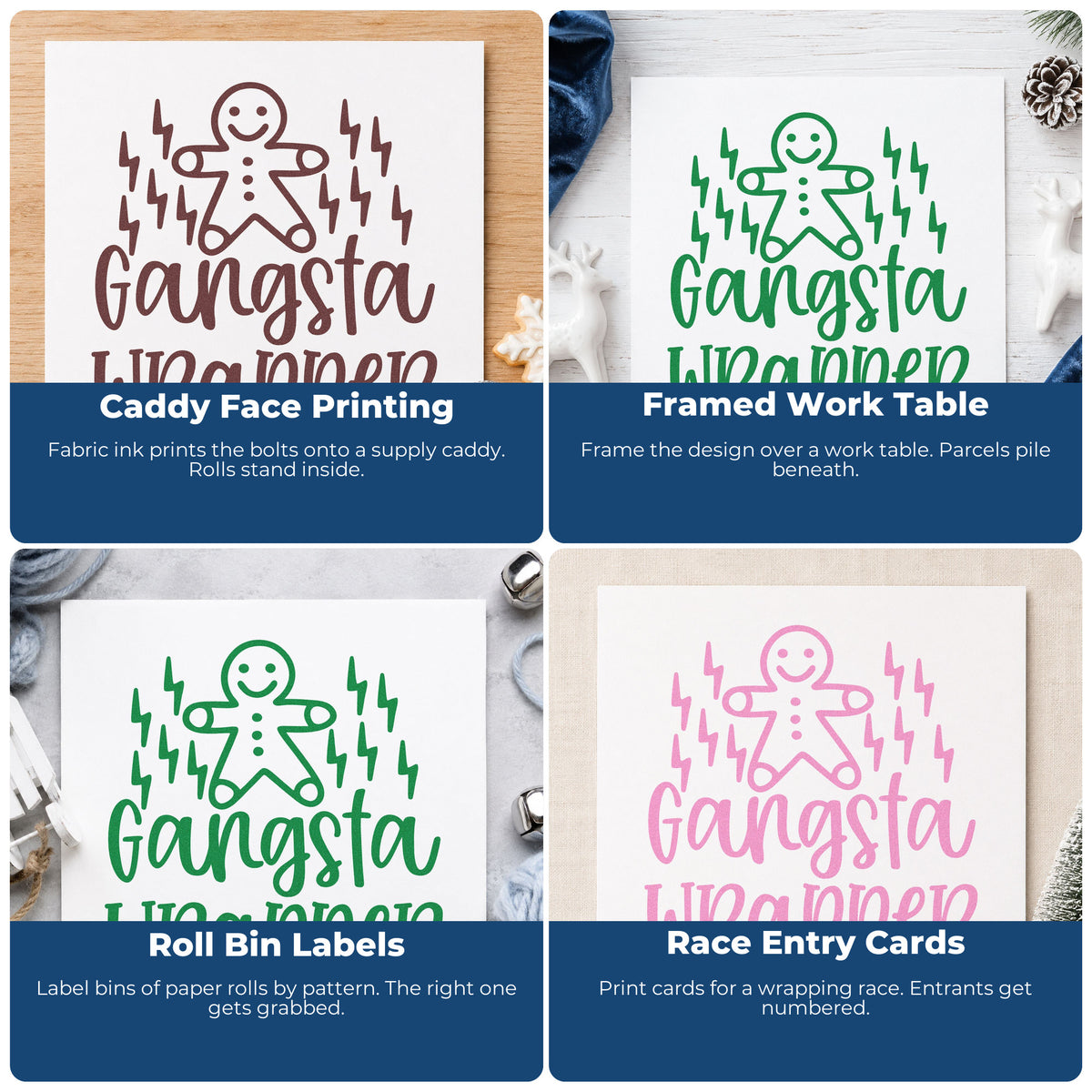 Four ways to use the Gangsta Wrapper Gingerbread Lightning Wood Handle Stamp: caddy face printing, framed work table, roll bin labels and race entry cards.