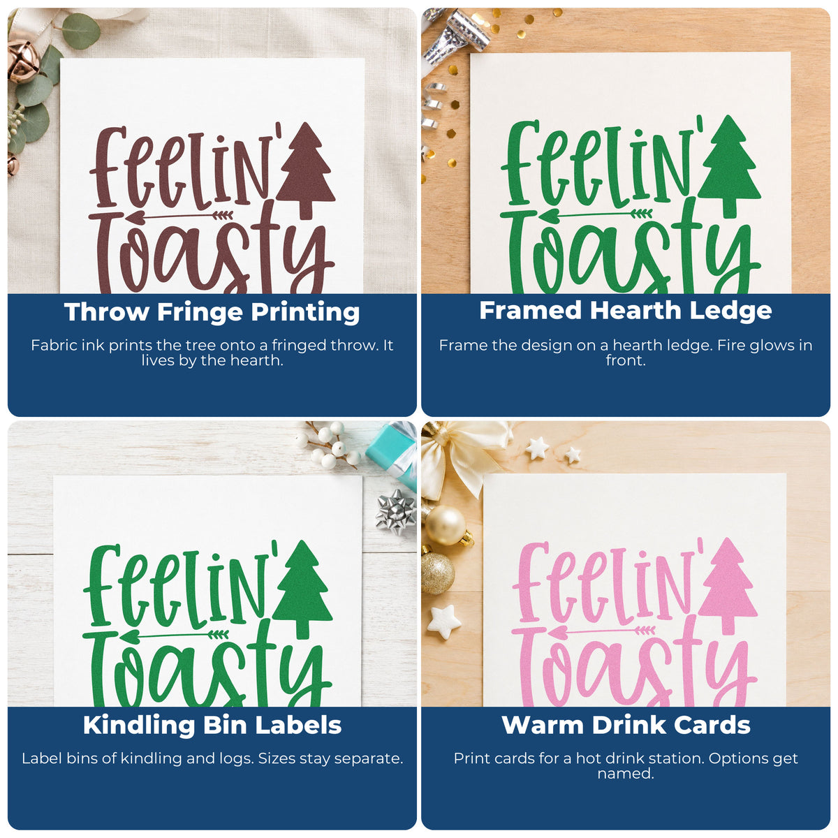 Four ways to use the Feelin Toasty Christmas Tree Arrow Self-Inking Craft Stamp: throw fringe printing, framed hearth ledge, kindling bin labels and warm drink cards.