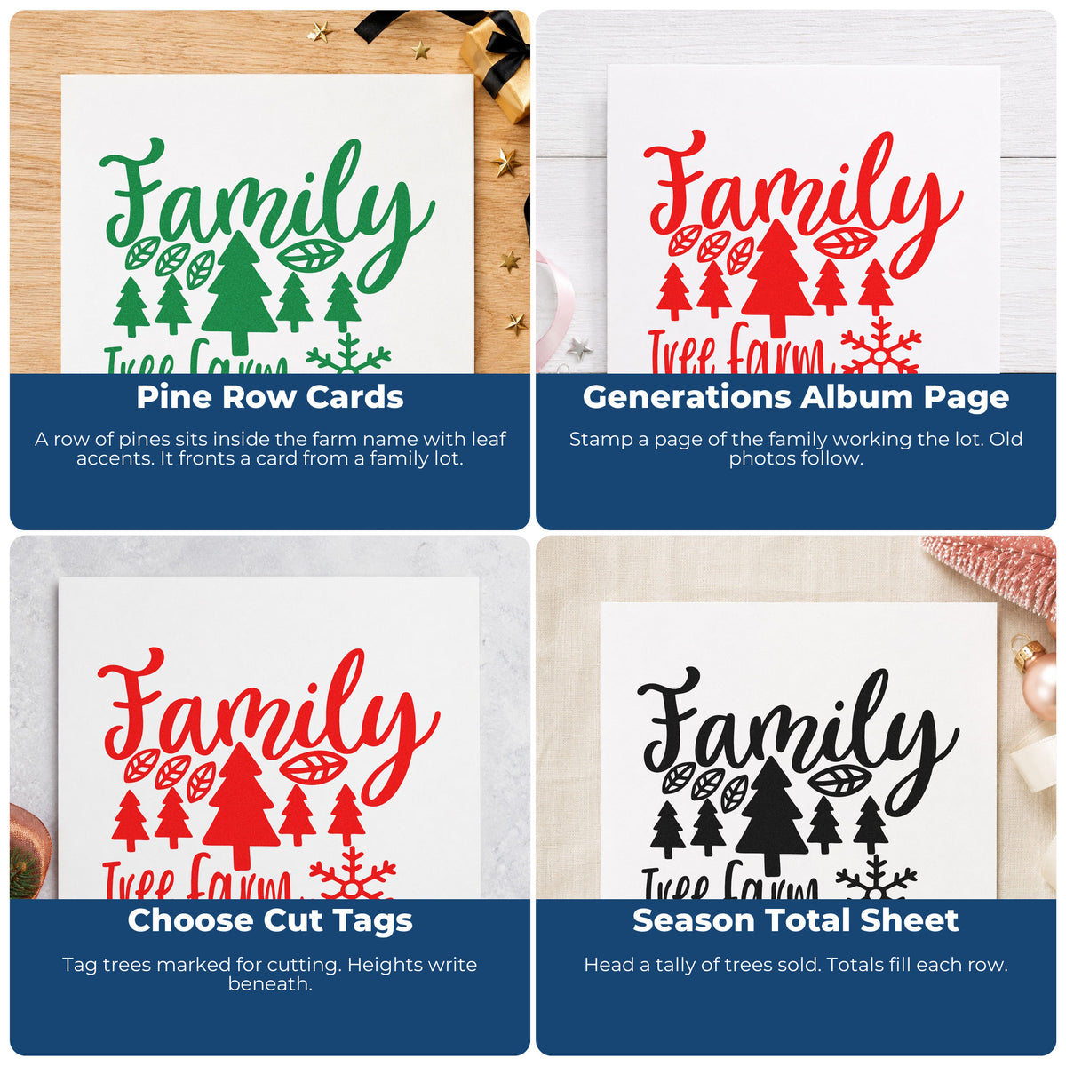 Four ways to use the Family Tree Farm Winter Wood-Mounted Rubber Stamp: pine row cards, generations album page, choose cut tags and season total sheet.