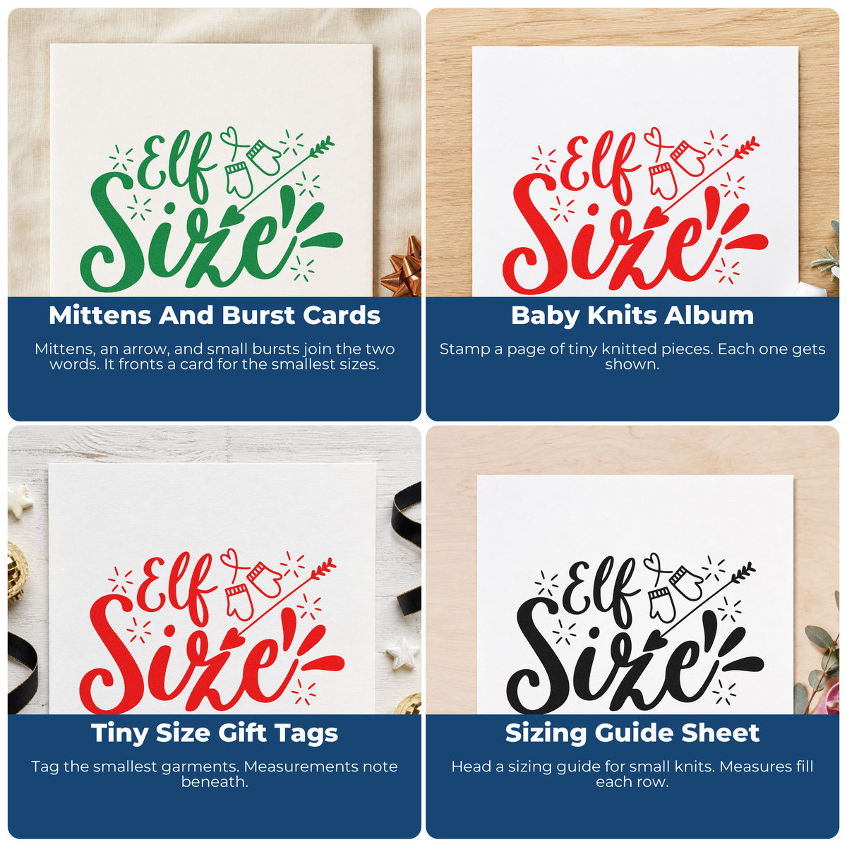 Four ways to use the Elf Size Mittens Arrow Lettering Rubber Stamp – Wood Handle: mittens and burst cards, baby knits album, tiny size gift tags and sizing guide sheet.
