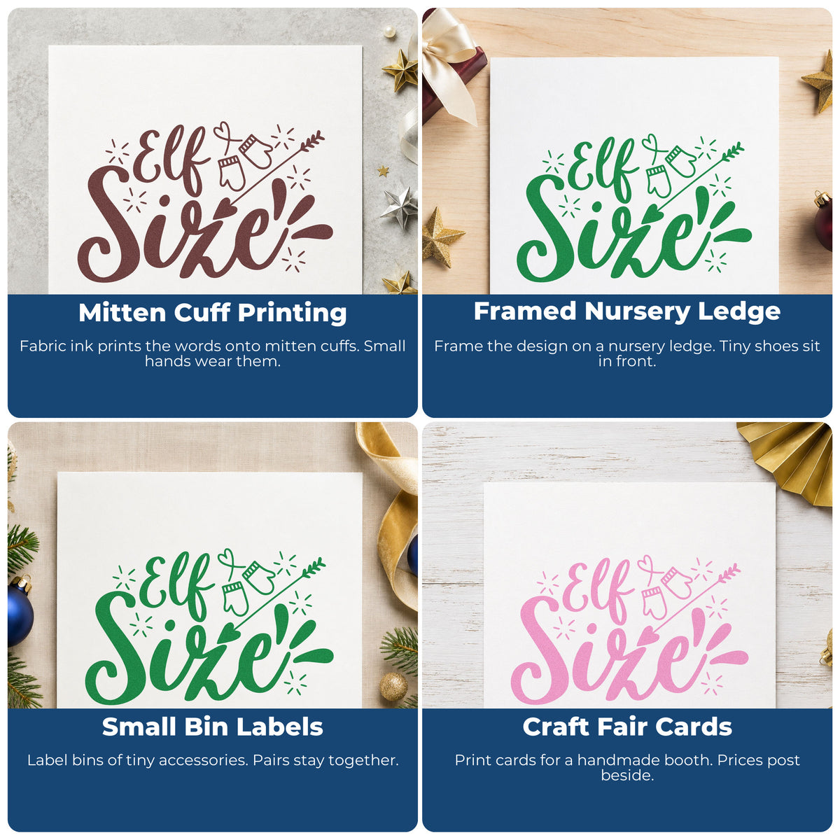 Four ways to use the Self-Inking Elf Size Mittens Arrow Lettering Stamp: mitten cuff printing, framed nursery ledge, small bin labels and craft fair cards.