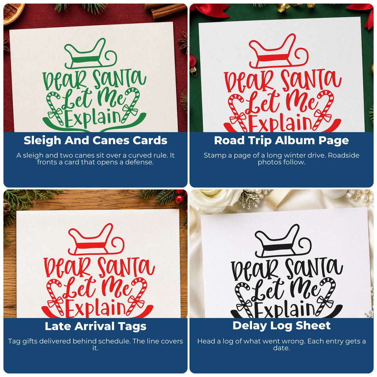 Four ways to use the Dear Santa Let Me Explain Stamp – Self-Inking: sleigh and canes cards, road trip album page, late arrival tags and delay log sheet.