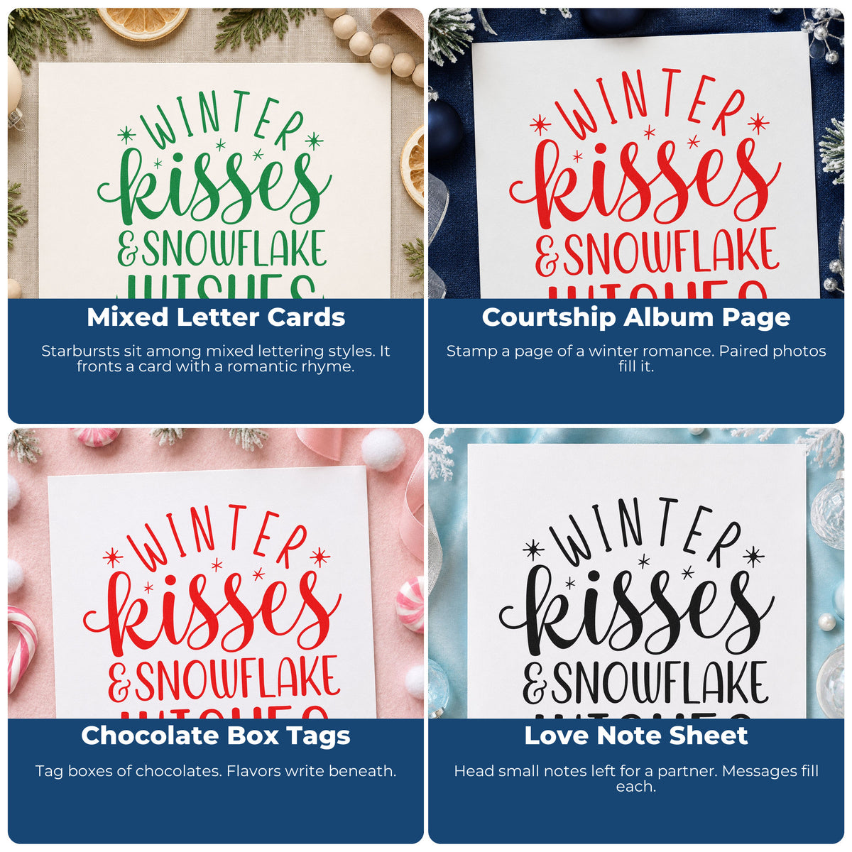 Four ways to use the Winter Kisses Snowflake Wishes Pre-Inked Stamp – PSI: mixed letter cards, courtship album page, chocolate box tags and love note sheet.