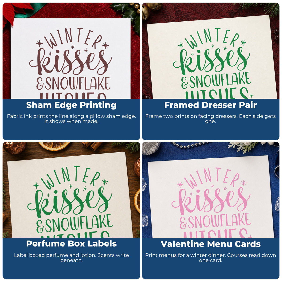 Four ways to use the Premium Wooden Winter Kisses Snowflake Wishes Stamp - Vintage Pro: sham edge printing, framed dresser pair, perfume box labels and valentine menu cards.