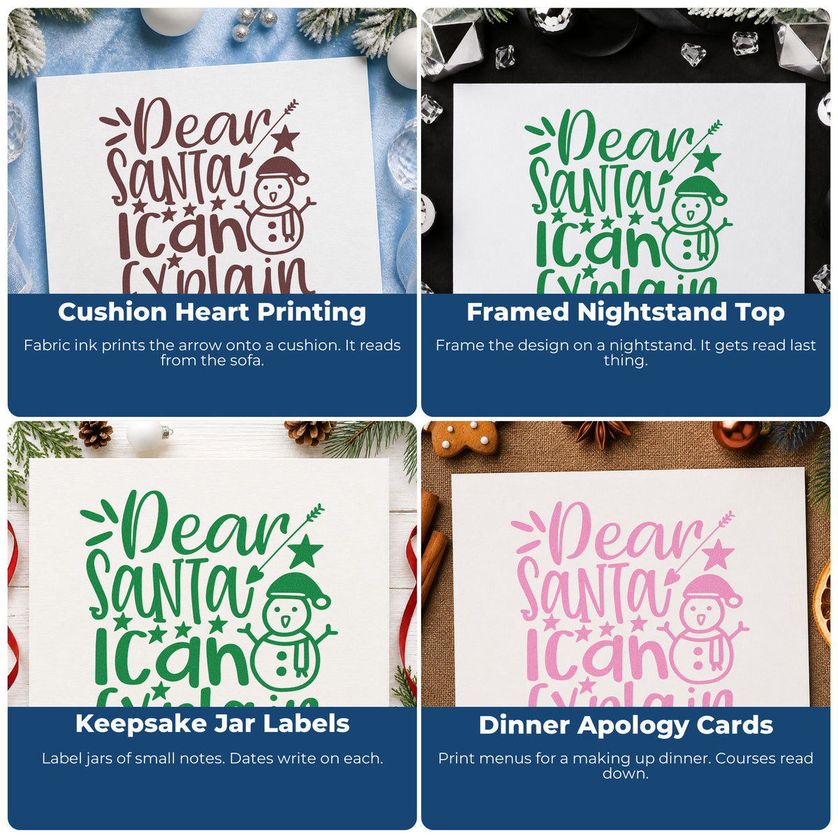 Four ways to use the Snowman And Heart Arrow Dear Santa Rubber Stamp – Duo Hand: cushion heart printing, framed nightstand top, keepsake jar labels and dinner apology cards.
