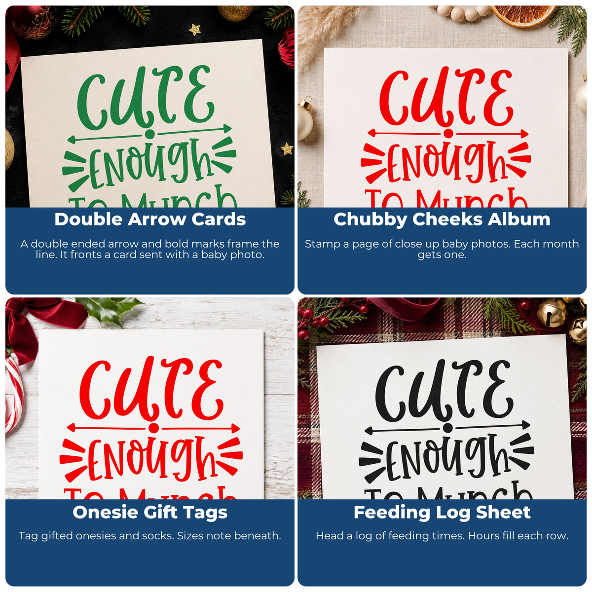 Four ways to use the Cute Enough To Munch Arrow Slim Pre-Inked Stamp: double arrow cards, chubby cheeks album, onesie gift tags and feeding log sheet.