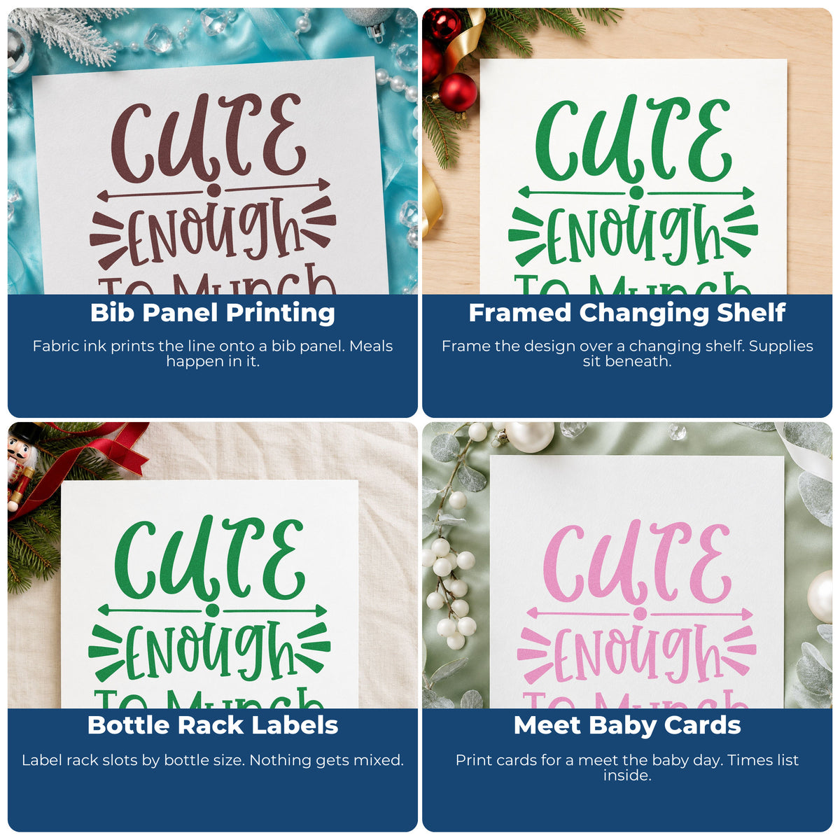 Four ways to use the Cute Enough To Munch Arrow Stamp - Premium Vintage Pro Wooden: bib panel printing, framed changing shelf, bottle rack labels and meet baby cards.