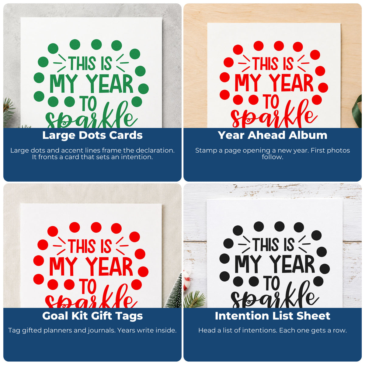 Four ways to use the My Year To Sparkle Dots Frame Accent Self-Inking Stamp: large dots cards, year ahead album, goal kit gift tags and intention list sheet.