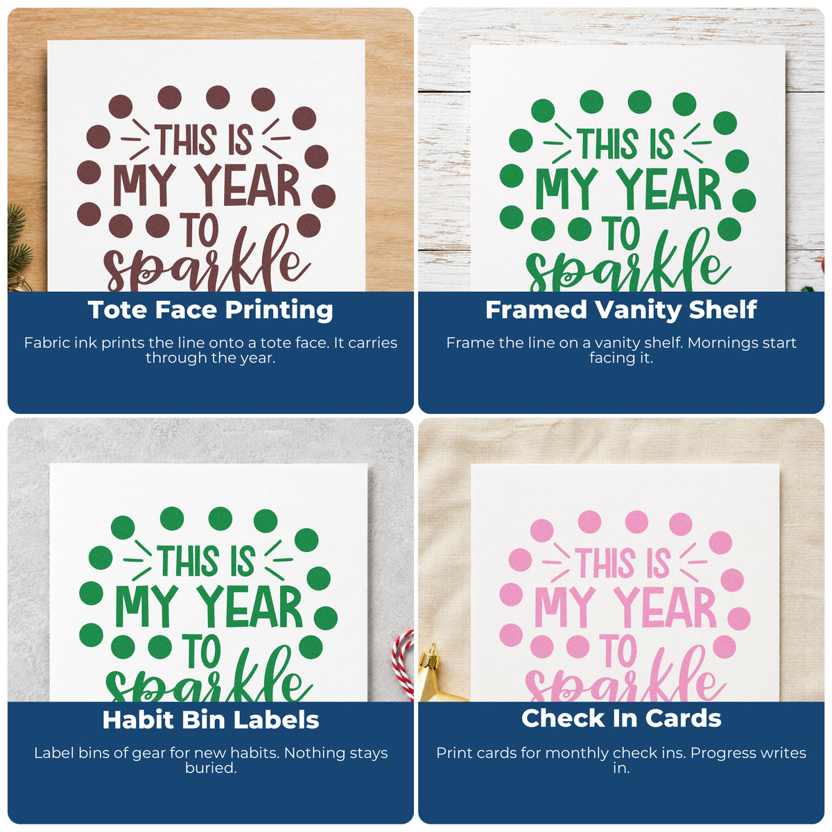 Four ways to use the My Year To Sparkle Dots Frame Accent Self-Inking Stamp: tote face printing, framed vanity shelf, habit bin labels and check in cards.