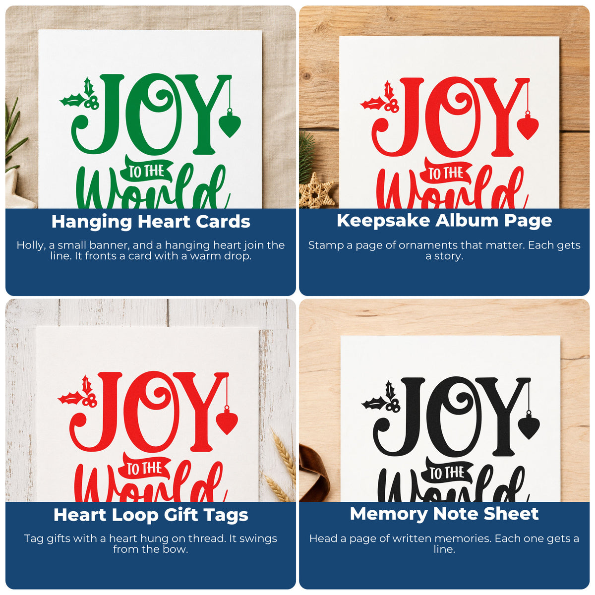 Four ways to use the Joy To The World Holly Ornaments Craft Stamp – Self-Inking: hanging heart cards, keepsake album page, heart loop gift tags and memory note sheet.