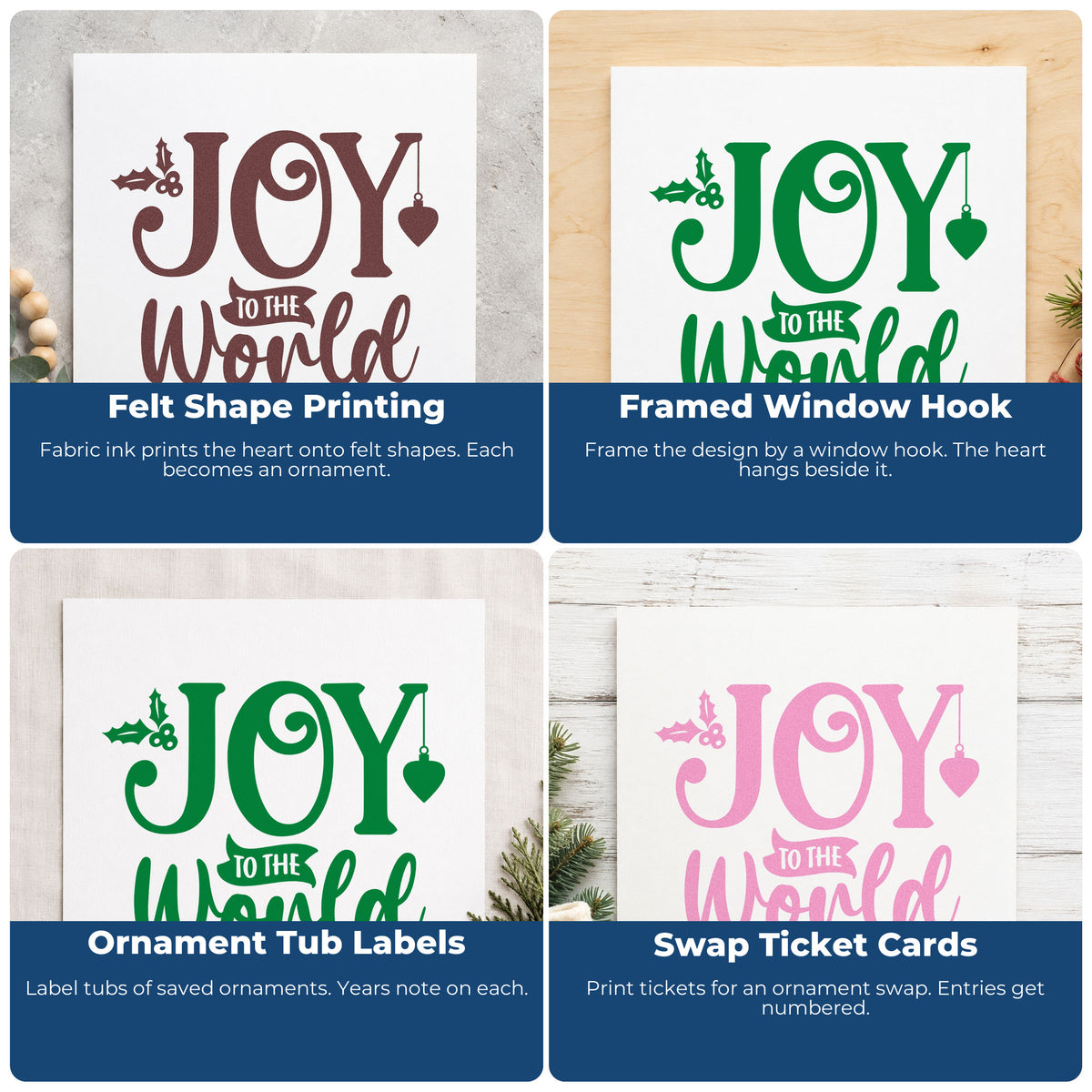 Four ways to use the Joy To The World Holly Ornaments Craft Stamp – Self-Inking: felt shape printing, framed window hook, ornament tub labels and swap ticket cards.
