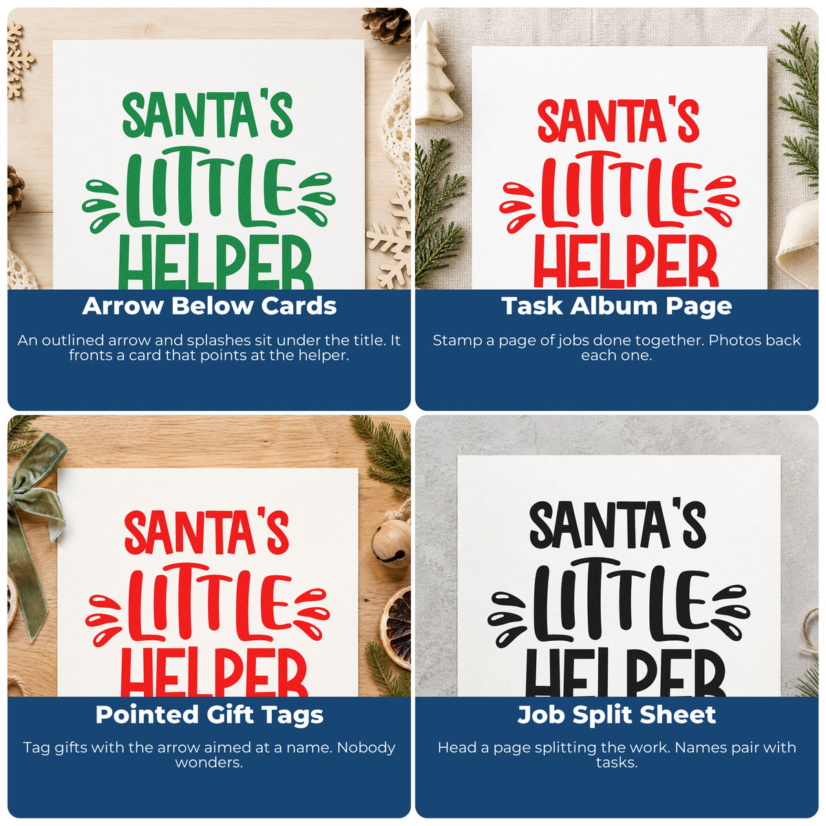 Four ways to use the Santa's Little Helper Arrow Outline Detail Stamp – Wood Handle: arrow below cards, task album page, pointed gift tags and job split sheet.