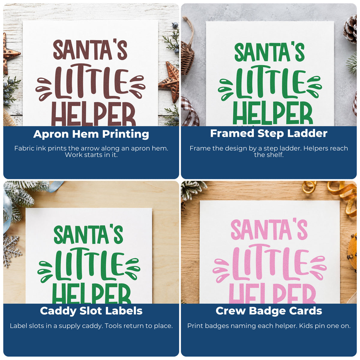 Four ways to use the Santa's Little Helper Arrow Outline Detail Premium Wooden Stamp - Vintage Pro: apron hem printing, framed step ladder, caddy slot labels and crew badge cards.