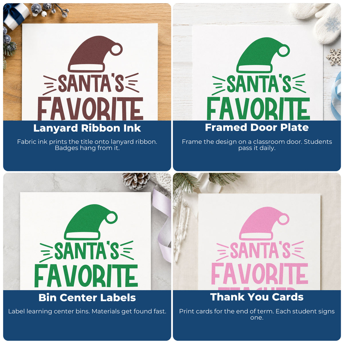 Four ways to use the Santa's Favorite Teacher Hat Premium Wood-Mounted Stamp - Vintage Pro: lanyard ribbon ink, framed door plate, bin center labels and thank you cards.