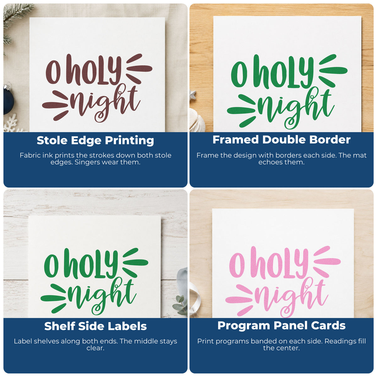 Four ways to use the O Holy Night Script Lettering Wood Handle Stamp: stole edge printing, framed double border, shelf side labels and program panel cards.