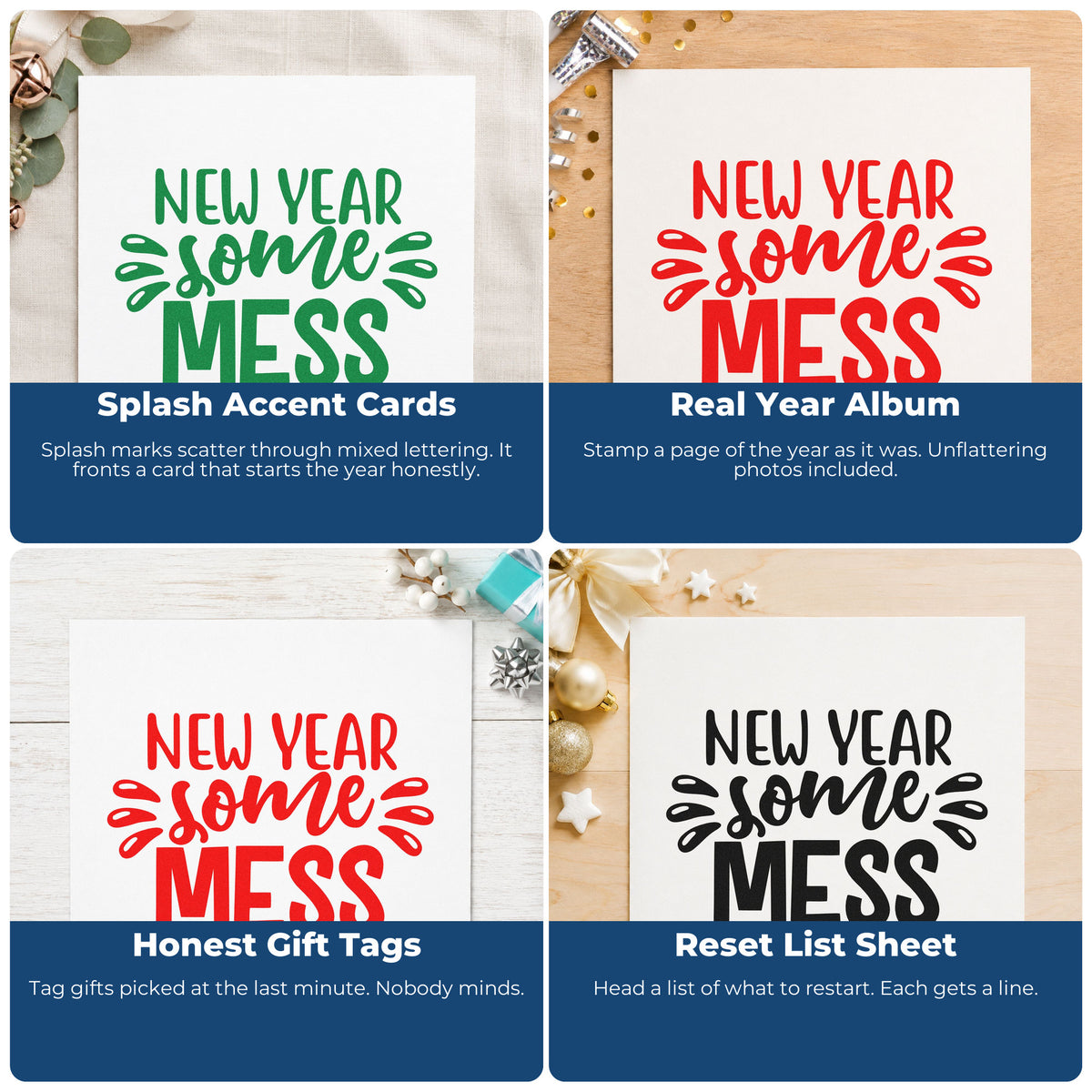 Four ways to use the New Year Some Mess Lettering Rubber Stamp – Wood Handle: splash accent cards, real year album, honest gift tags and reset list sheet.