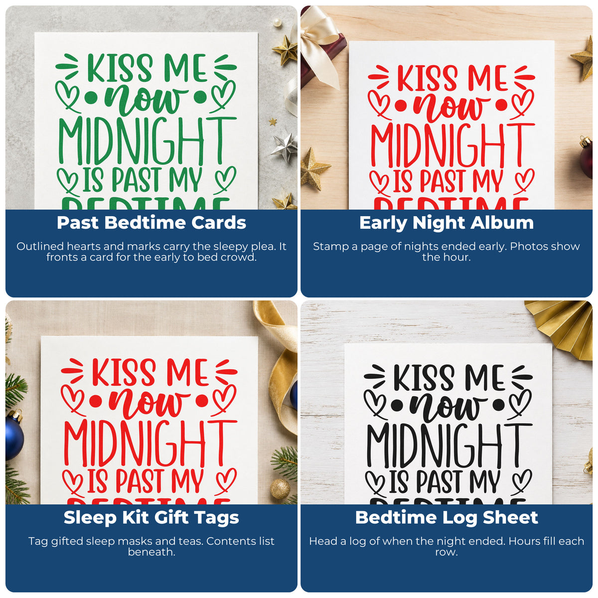 Four ways to use the Duo Hand Kiss Me Now Midnight Bedtime Rubber Stamp: past bedtime cards, early night album, sleep kit gift tags and bedtime log sheet.