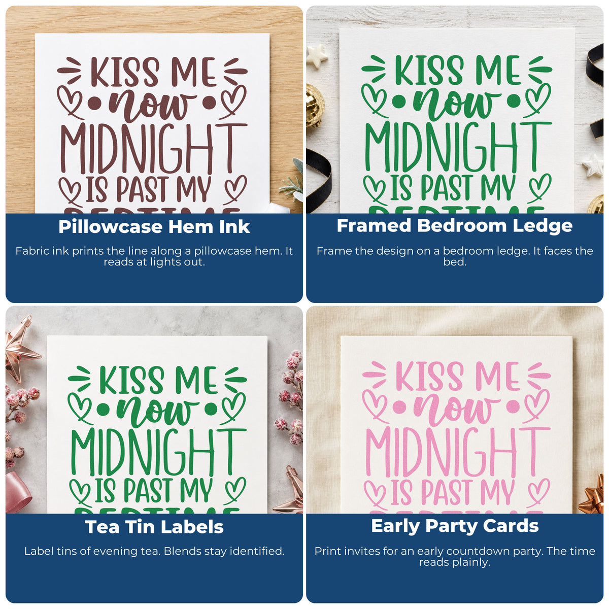 Four ways to use the Kiss Me Now Midnight Bedtime Stamp - Premium Vintage Pro Wooden: pillowcase hem ink, framed bedroom ledge, tea tin labels and early party cards.