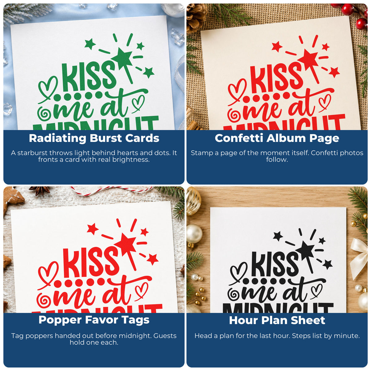 Four ways to use the Kiss Me At Midnight With Stars PSI Pre-Inked Stamp: radiating burst cards, confetti album page, popper favor tags and hour plan sheet.