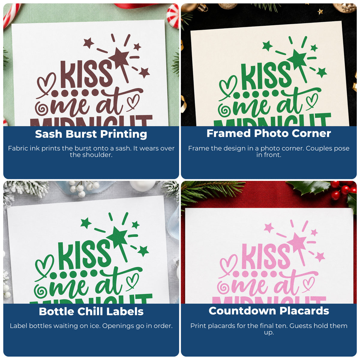 Four ways to use the Kiss Me At Midnight With Stars PSI Pre-Inked Stamp: sash burst printing, framed photo corner, bottle chill labels and countdown placards.