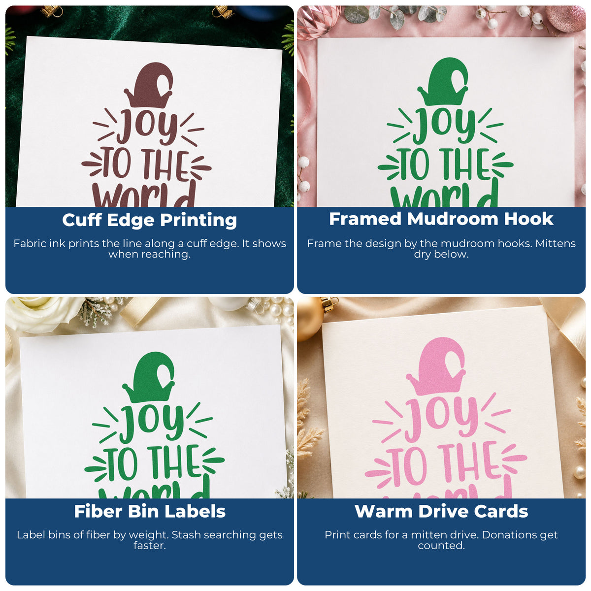 Four ways to use the Joy To The World Mitten Arrow Premium Wooden Stamp - Vintage Pro: cuff edge printing, framed mudroom hook, fiber bin labels and warm drive cards.