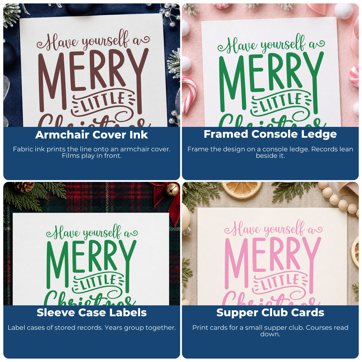 Four ways to use the Have Yourself A Merry Little Christmas Banner Accent PSI Pre-Inked Stamp: armchair cover ink, framed console ledge, sleeve case labels and supper club cards.