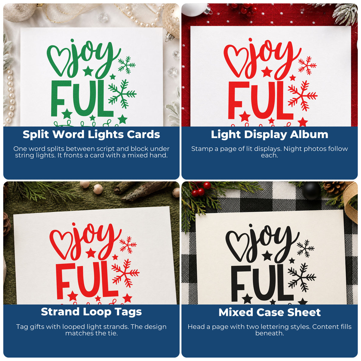 Four ways to use the Joyful Snowflakes And Lights Hand Stamp – Duo: split word lights cards, light display album, strand loop tags and mixed case sheet.