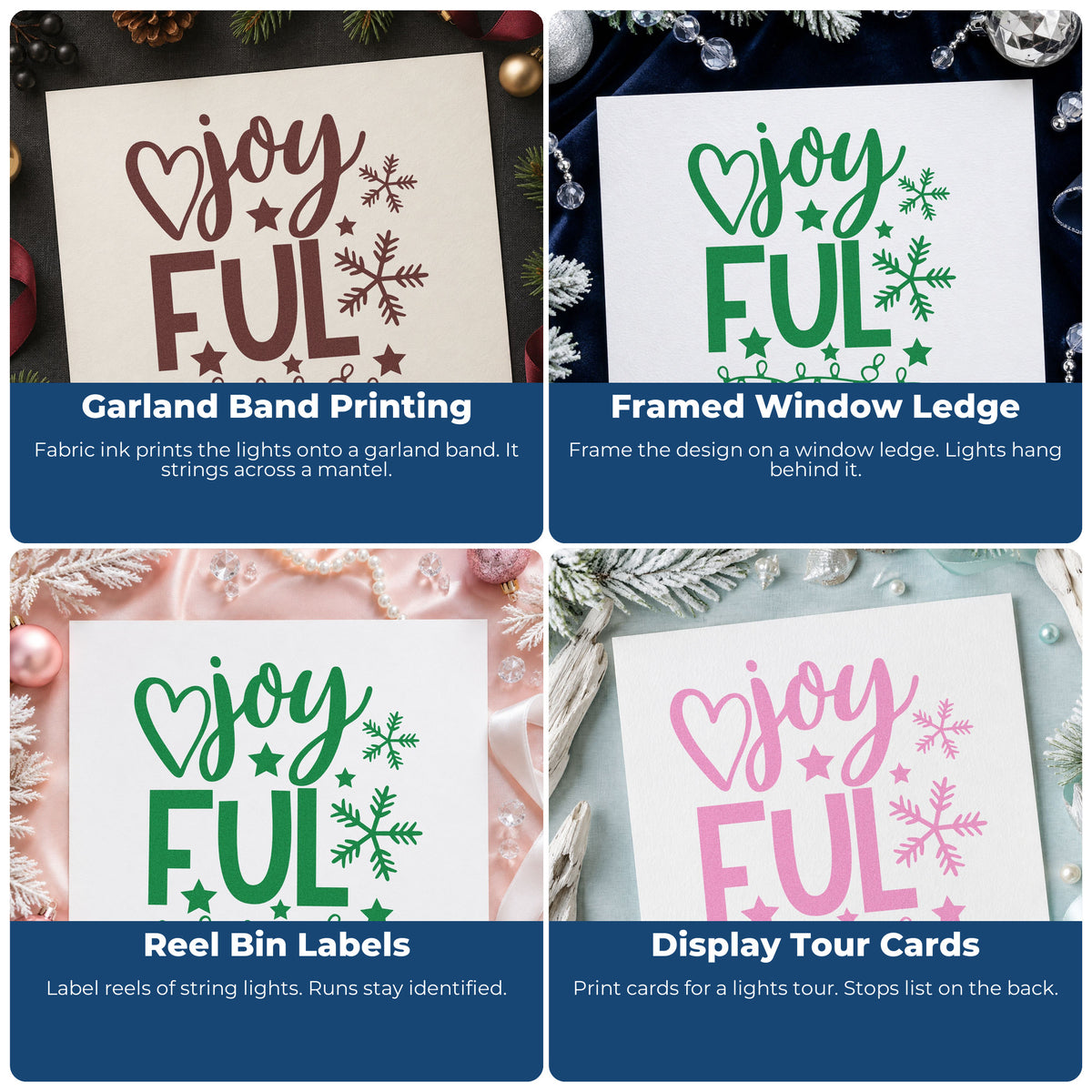 Four ways to use the Joyful Snowflakes And Lights Self-Inking Stamp: garland band printing, framed window ledge, reel bin labels and display tour cards.