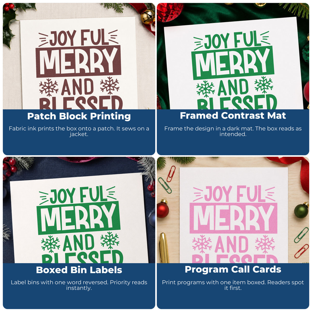 Four ways to use the Joyful Merry Blessed Box Snowflakes Pre-Inked Stamp – PSI: patch block printing, framed contrast mat, boxed bin labels and program call cards.