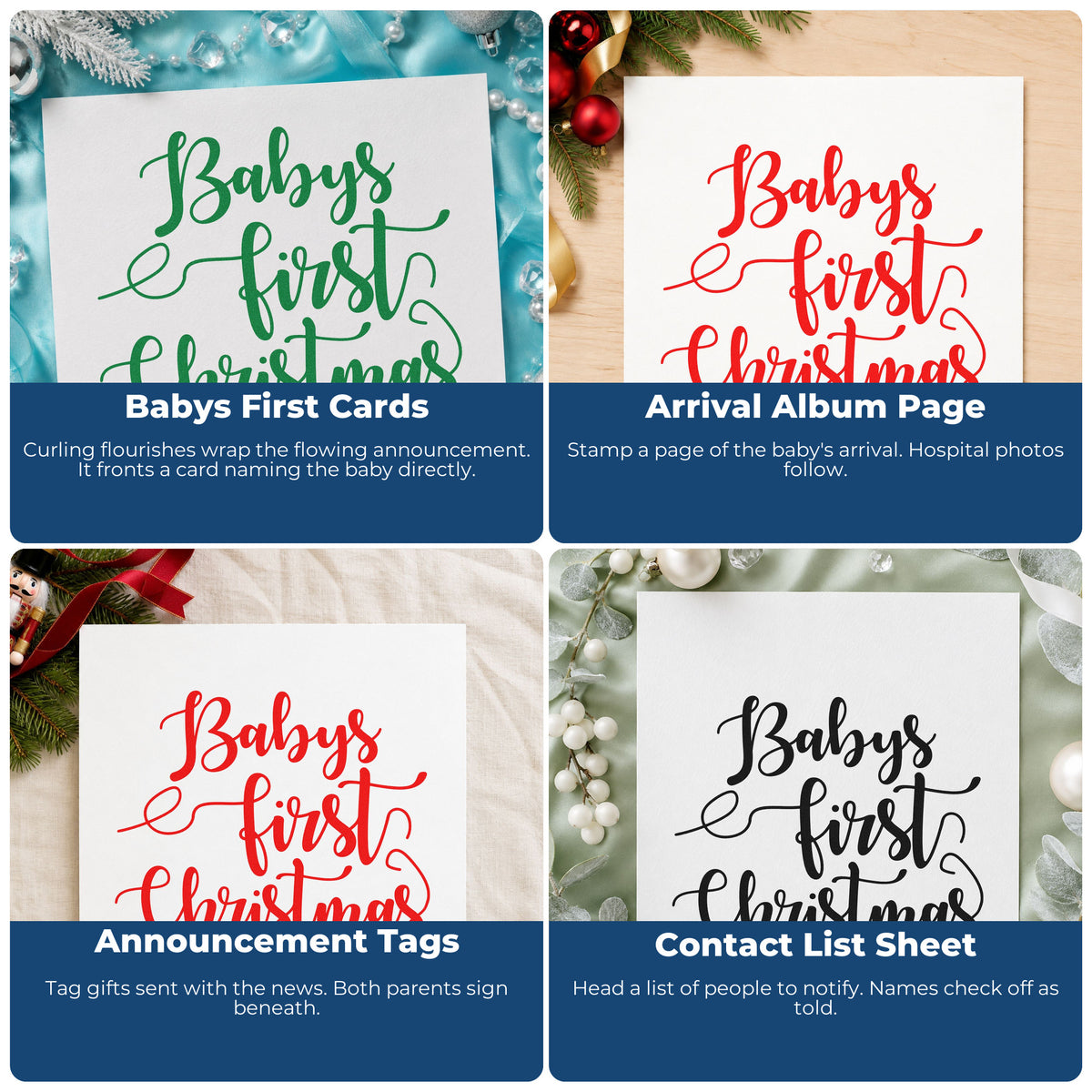 Four ways to use the Baby's First Christmas Wood Handle Stamp: babys first cards, arrival album page, announcement tags and contact list sheet.