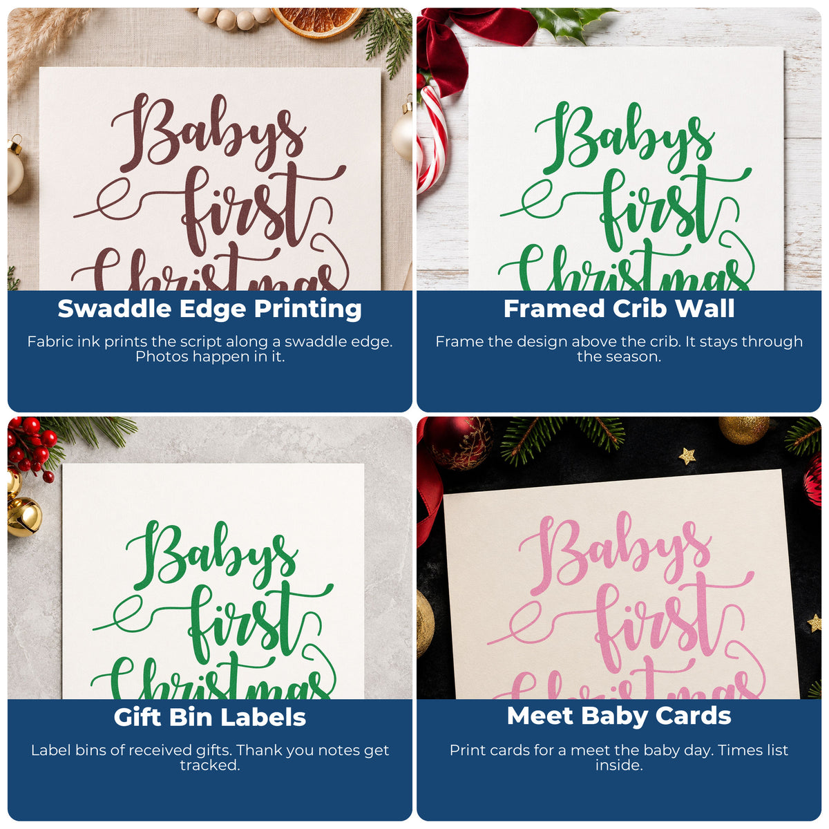 Four ways to use the Baby's First Christmas Wood Handle Stamp: swaddle edge printing, framed crib wall, gift bin labels and meet baby cards.