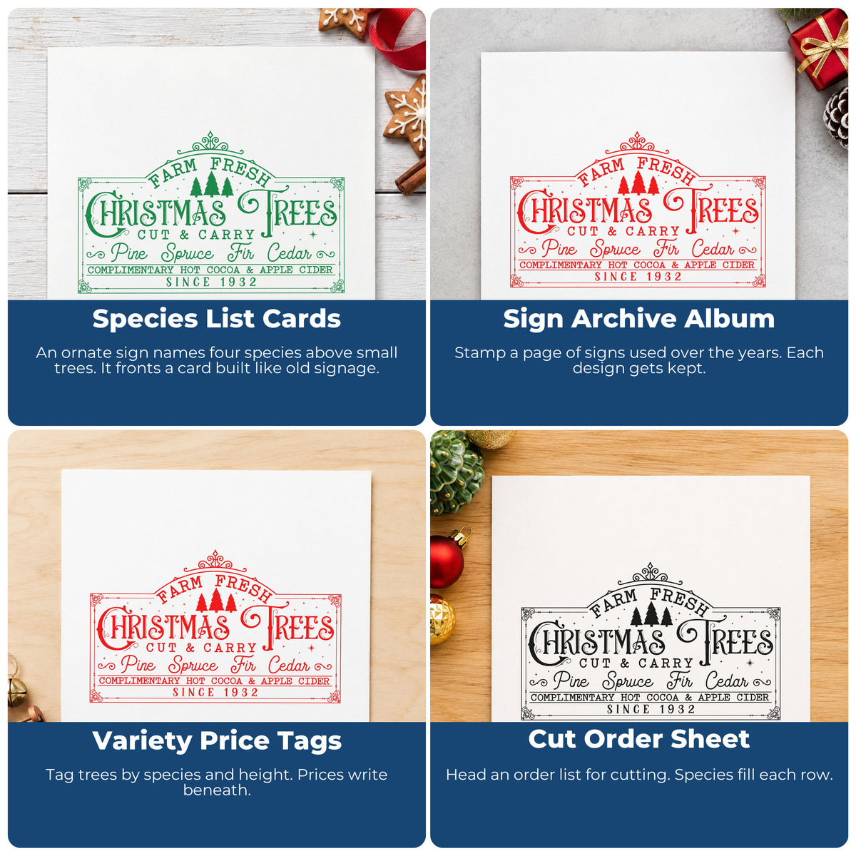 Four ways to use the Farm Fresh Christmas Trees Sign Rubber Stamp – Wood Handle: species list cards, sign archive album, variety price tags and cut order sheet.