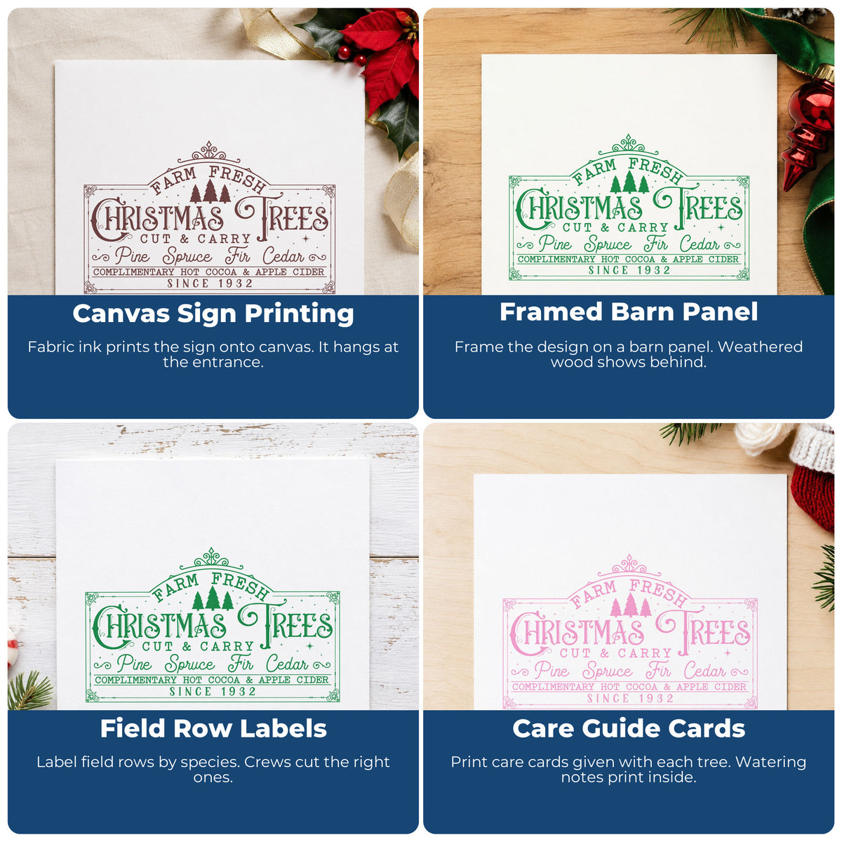 Four ways to use the Farm Fresh Christmas Trees Sign Rubber Stamp – Wood Handle: canvas sign printing, framed barn panel, field row labels and care guide cards.