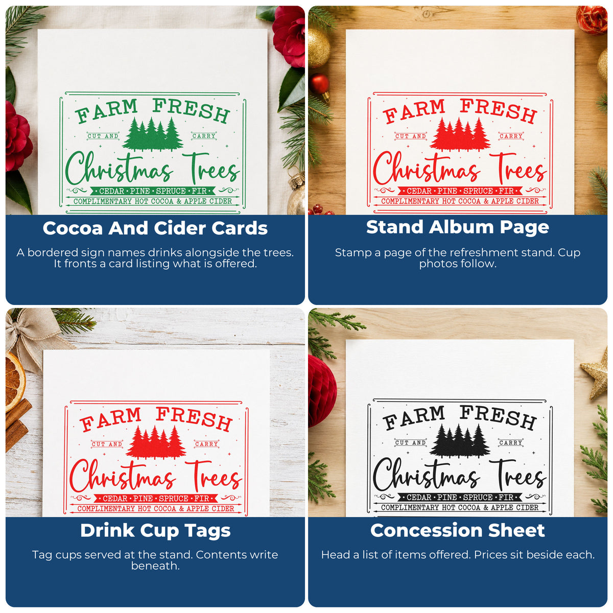 Four ways to use the Farm Fresh Trees Framed Sign Rubber Stamp – Wood Handle: cocoa and cider cards, stand album page, drink cup tags and concession sheet.