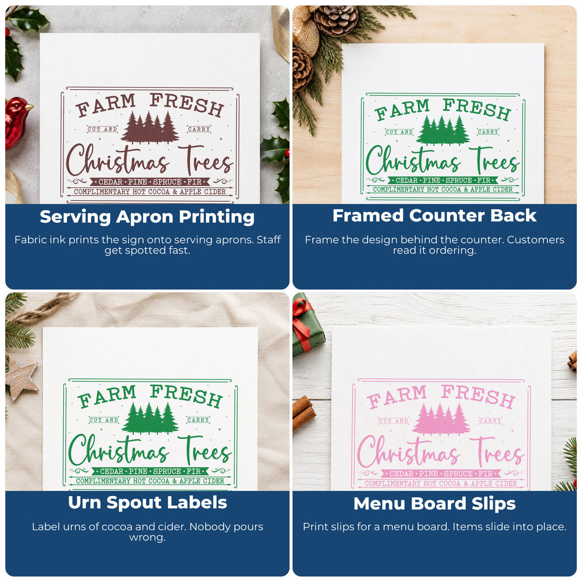 Four ways to use the Farm Fresh Trees Framed Sign Hand Stamp – Duo: serving apron printing, framed counter back, urn spout labels and menu board slips.
