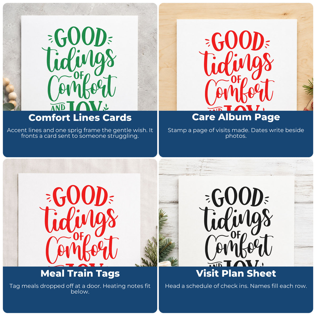 Four ways to use the Good Tidings Comfort And Joy Rubber Stamp – Wood Handle: comfort lines cards, care album page, meal train tags and visit plan sheet.