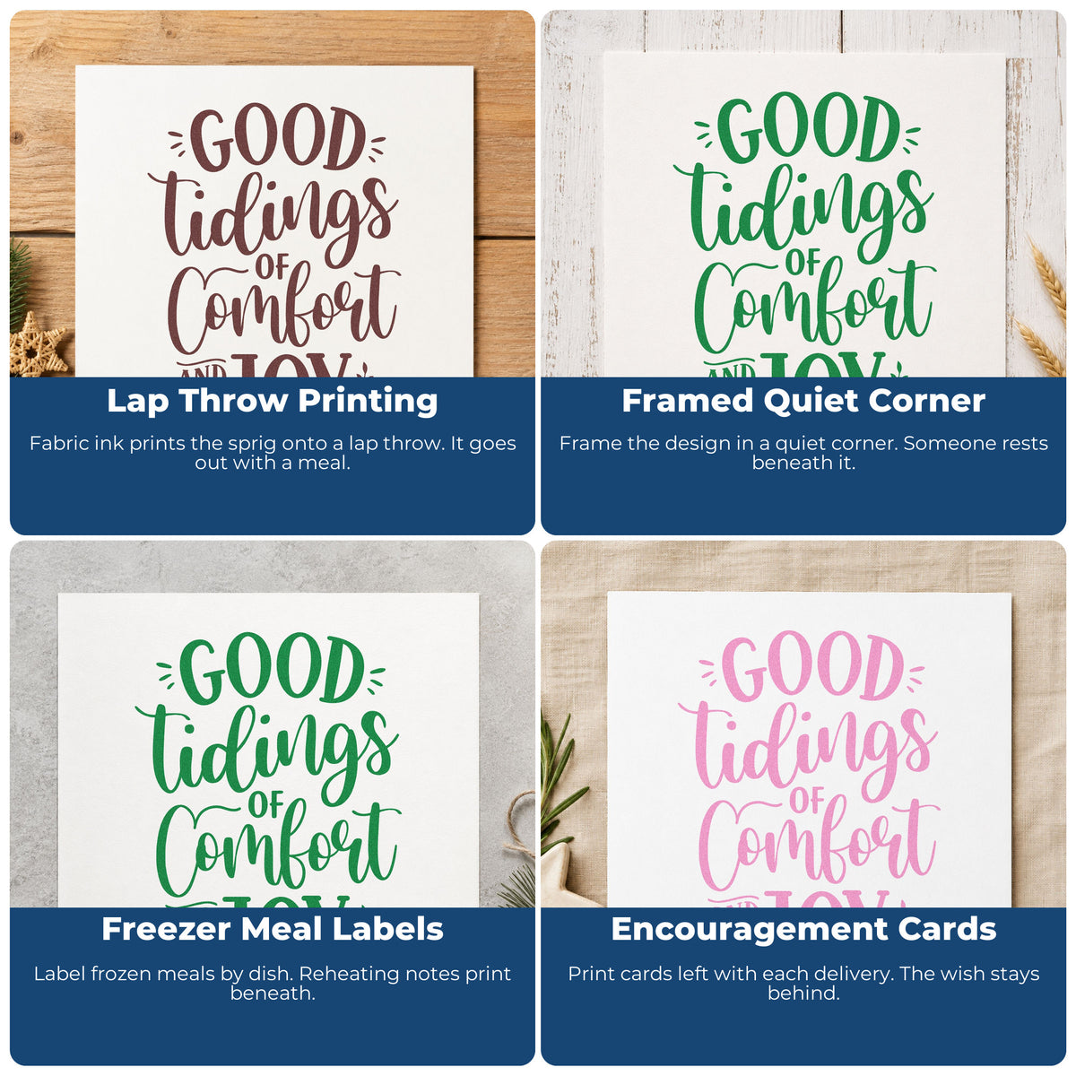 Four ways to use the Good Tidings Comfort And Joy Premium Wood-Mounted Stamp - Vintage Pro: lap throw printing, framed quiet corner, freezer meal labels and encouragement cards.