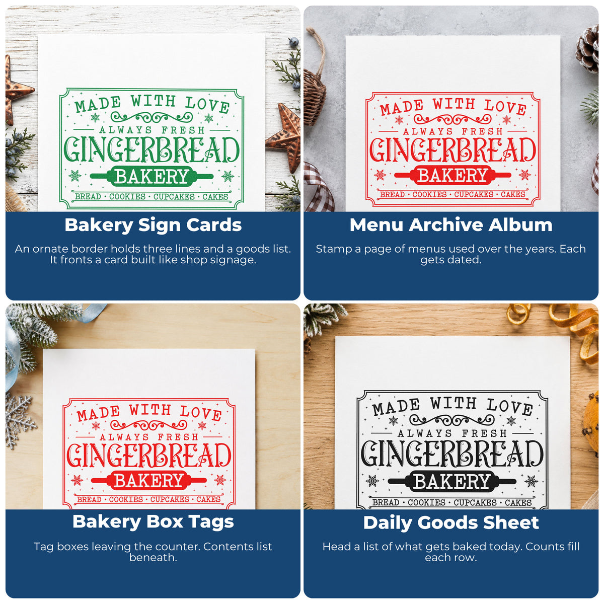 Four ways to use the Slim Pre-Inked Gingerbread Bakery Vintage Sign Lettering Stamp: bakery sign cards, menu archive album, bakery box tags and daily goods sheet.